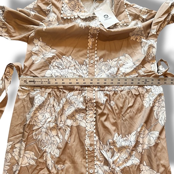 Wenrine Spring Summer Floral Maxi Dress Tie Waist Boho 3/4 Sleeve Neutral Tan B2 - Picture 9 of 9